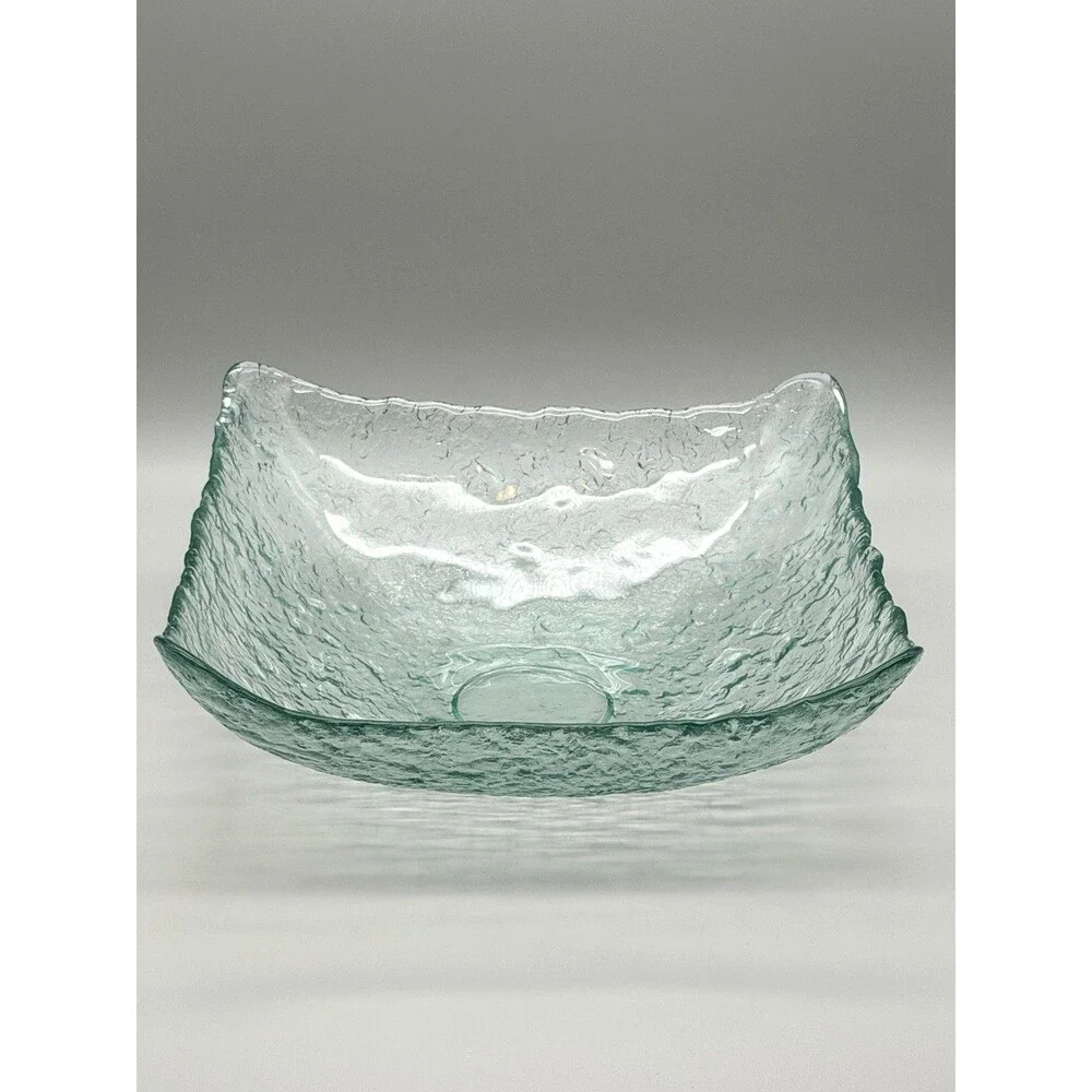 VTG San Miguel Style Recycled Ice Glass Square Bowl Pale Aqua Green Bark 12” MCM